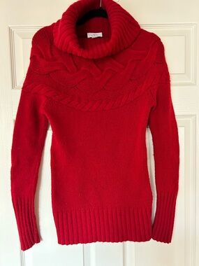 LOFT Red Cable Yoke Cowlneck Sweater